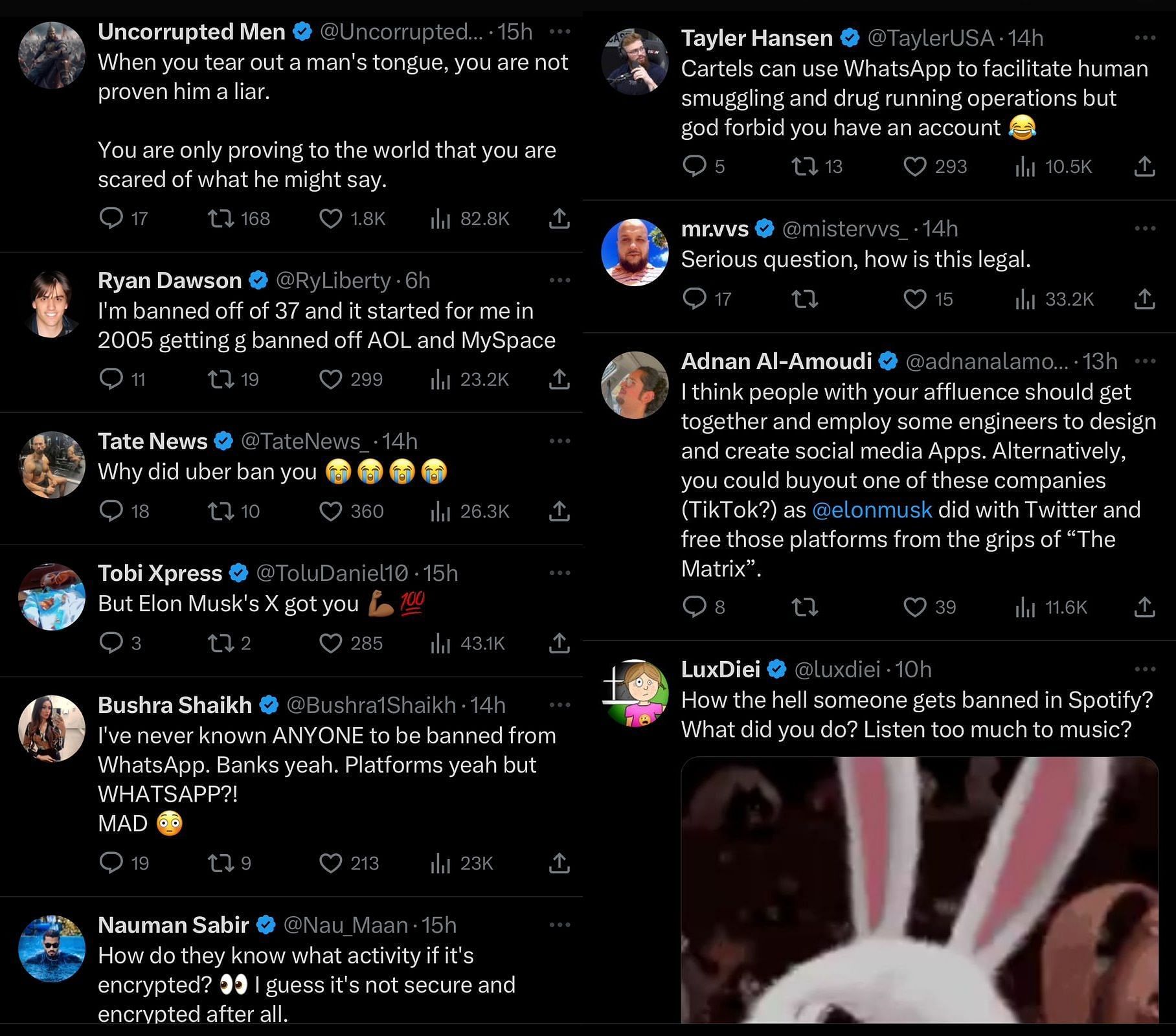 Fans react to WhatsApp banning Tate (Image via X/@Cobratate)